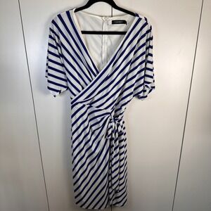NWT Lauren‎ Ralph Lauren Womens 12 Rich Hue Blue Striped Faux Wrap Dress Elegant